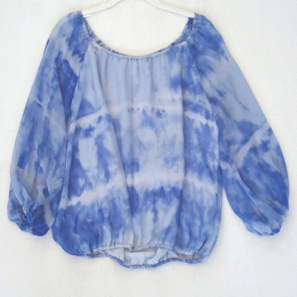 Kenar Women's Sky Blue White Tie Dye 3/4 Balloon Sleeve Semi Sheer Blouse M